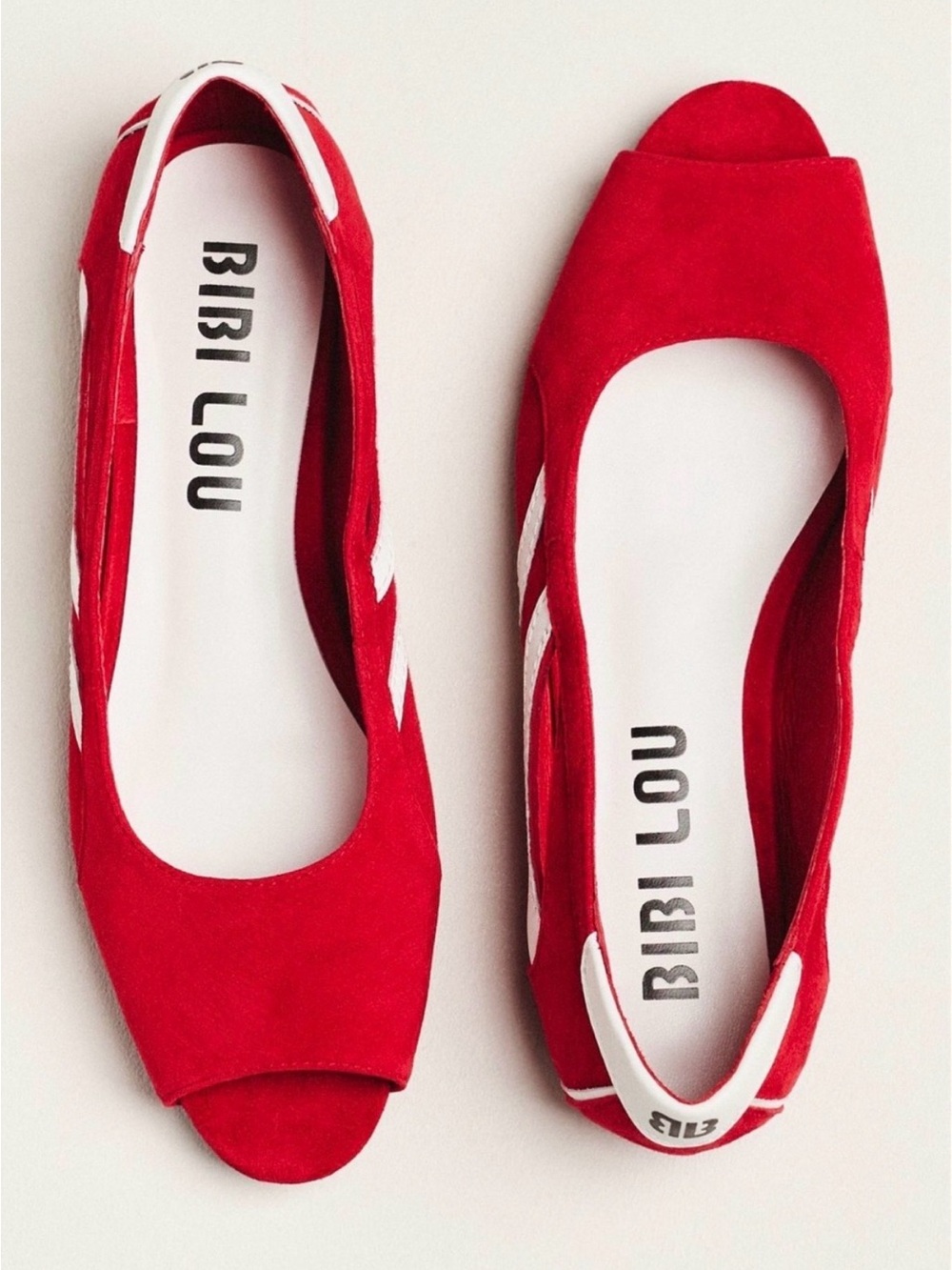 Bibi Lou Red Suede Open-Toe Flats with White Trim